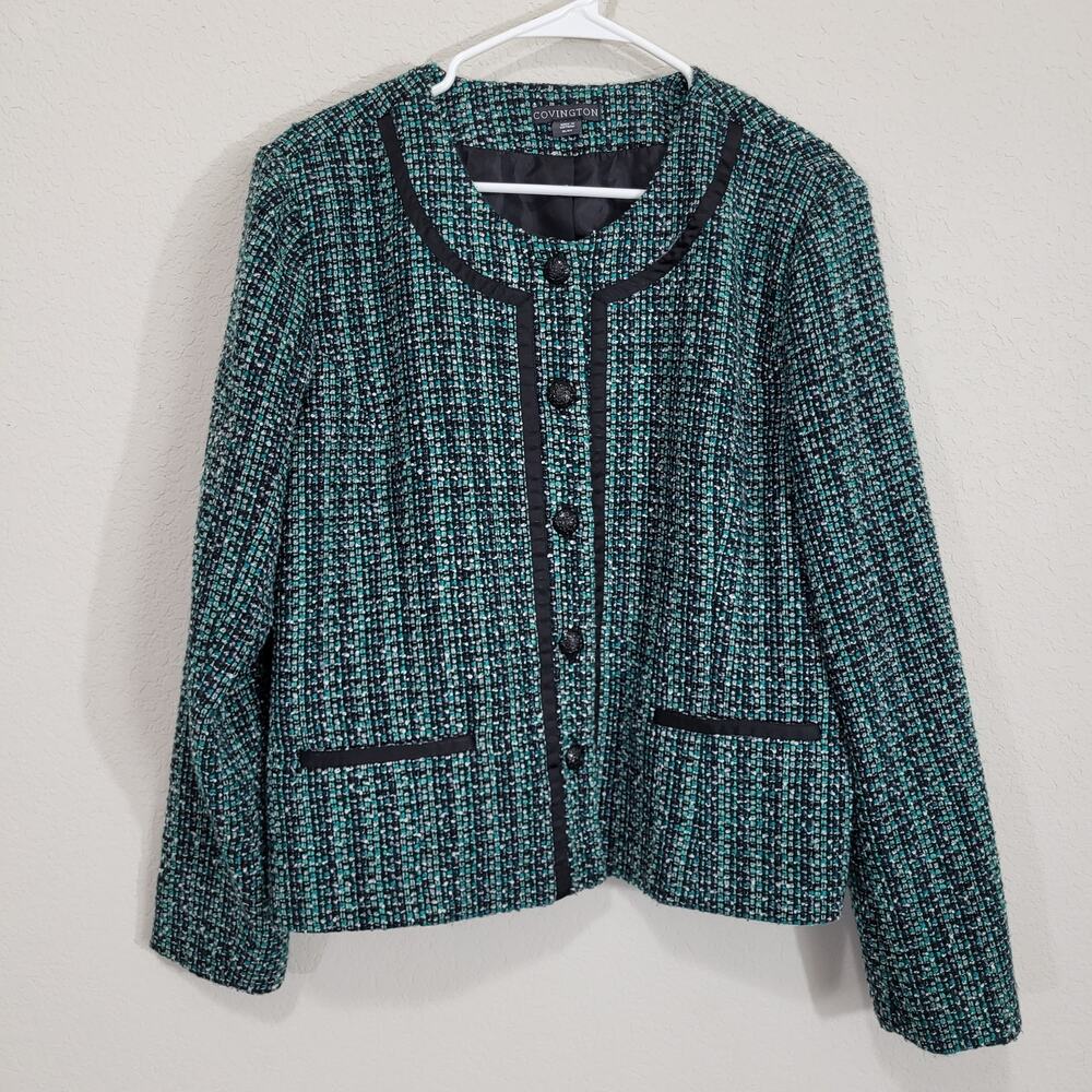 Covington Tweed Blazer Jacket Women XL Teal Black Button Up Professional Office